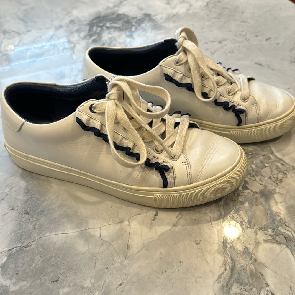 Tory Burch Sport Size 7.5 White Leather Sneakers with Blue Ruffle